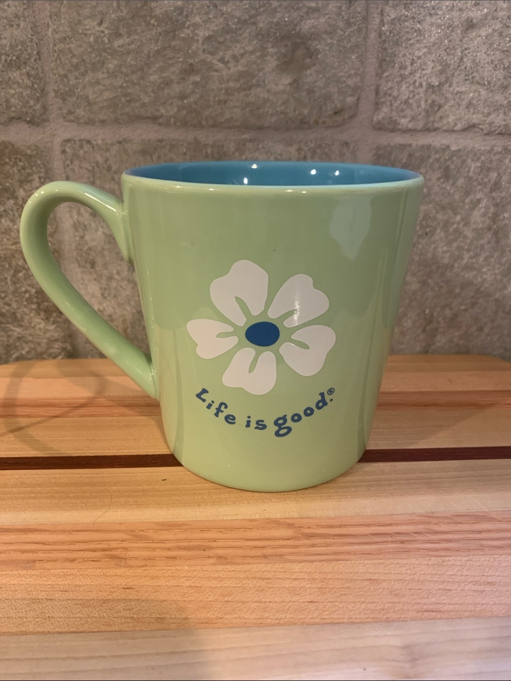 Life Is Good Light Green Ceramic Mug with Blue Interior and White Flower - Picture 1 of 7